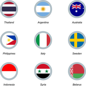 A Set Of Nine Round Icons With Flags. Thailand, Argentina, Australia, Philippines, Italy, Sweden, Indonesia Syria And Belarus.