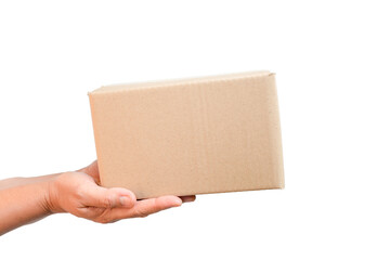 A parcel cardboard parcel box in a delivery woman person hands isolated on white background. Delivery service concept. Asian Young girl holding a package is a delivery business entrepreneur.