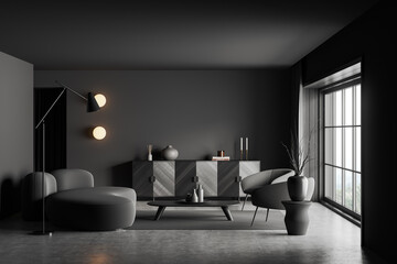Front view on dark living room interior with panoramic window
