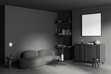 Corner view on dark living room interior with empty poster