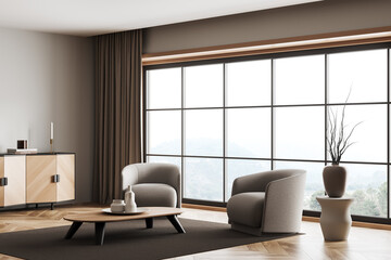 Corner view on bright living room interior with panoramic window