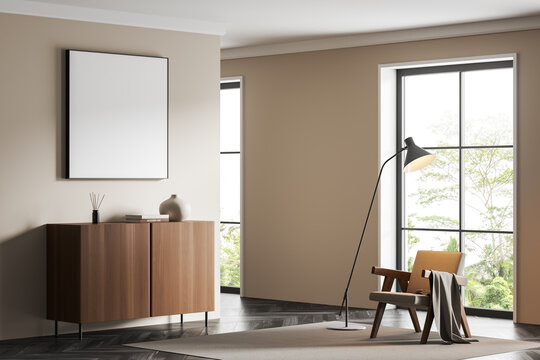 Light relax interior with chair near panoramic window, drawer and mockup frame
