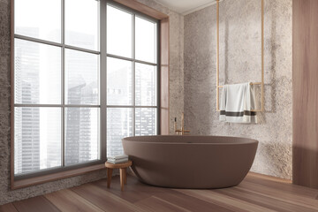 Fototapeta na wymiar Wooden bathroom interior with bathtub, accessories and panoramic window