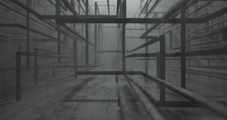 abstract background using pipe pattern in black and misty rays in grey, 3d rendering, and 4K size