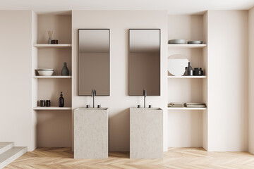 Fototapeta na wymiar Front view on bright bathroom interior with two mirrors, shelves