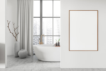Naklejka na ściany i meble Light bathroom interior with tub, decoration and panoramic window. Mock up frame