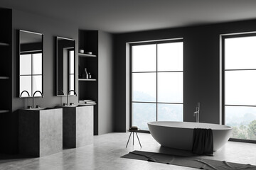 Fototapeta na wymiar Grey bathroom interior with sink and tub, panoramic window