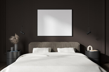 Brown bedroom interior with bed and nightstand with decoration. Mockup frame