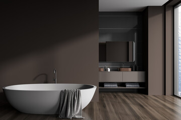 Naklejka na ściany i meble Dark bathroom interior with bathtub and washbasin near panoramic window. Mockup