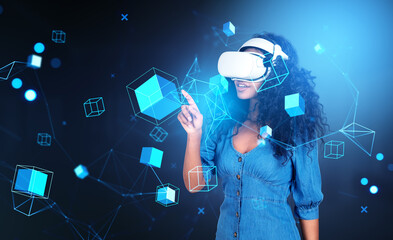 African woman in vr glasses, blocks in cyberspace, metaverse and