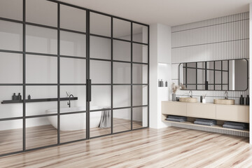 White bathroom interior with bathtub, double sink and bath accessories