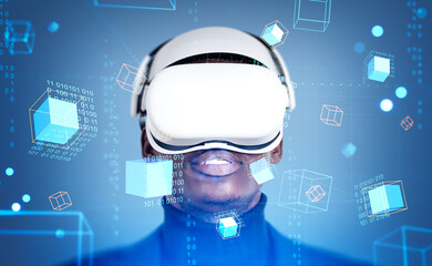 African businessman in vr glasses, data blocks in cyberspace, virtual reality