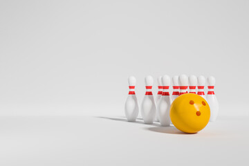 Yellow ball rolling into pins on light empty background. Copy space