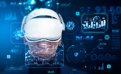 African businessman in vr glasses, forex diagrams with worldwide hud data
