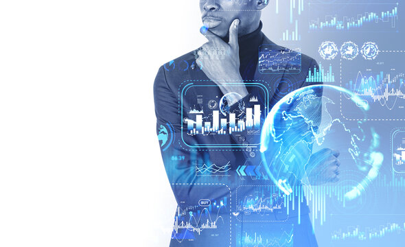 African businessman, graph chart with lines and numbers, earth globe. Copy space