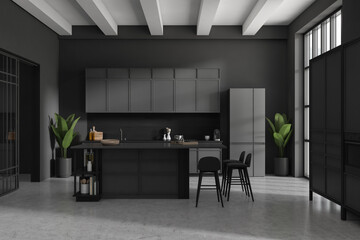 Grey kitchen interior with bar island and seats, shelves and kitchenware