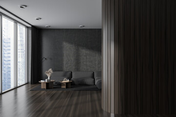 Grey living room interior with couch and panoramic window. Empty wall