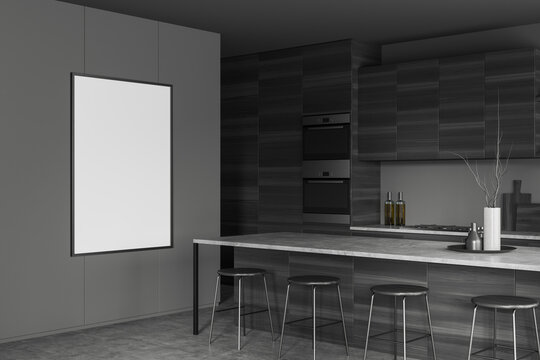 Grey kitchen interior with bar seats and countertop. Mockup frame