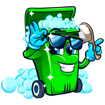 recommend clip art: mascot character vector illustration of a trash bin cleaned with bubbles holding a cleaning brush and wearing sunglasses