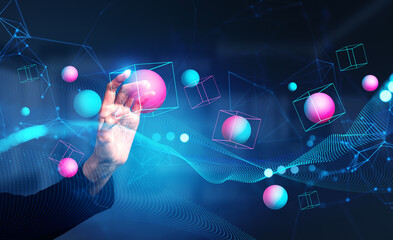 Woman finger touch data block with sphere in virtual world, metaverse