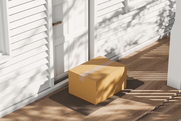 Cardboard box at the doorstep, parcel delivery. Mockup