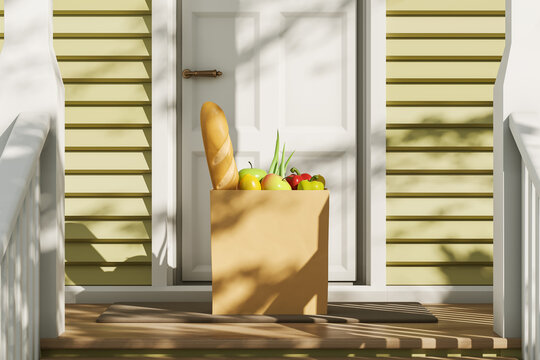 Grocery shopping bag with fresh food, house doorstep. Mockup