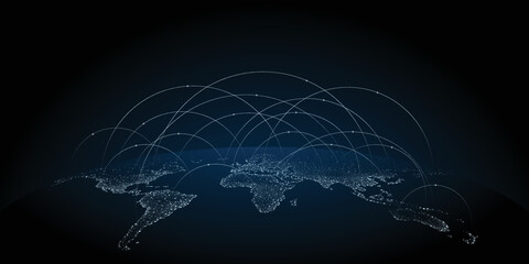 World map background illustration with futuristic communication technology. Use of Information and Interconnection. The concept of connecting people from different cities around the world.