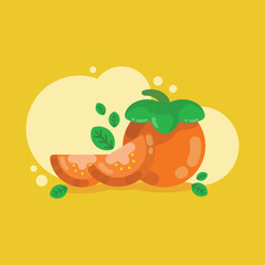 Vector of tomatoes and tomato slices on a bright yellow background.