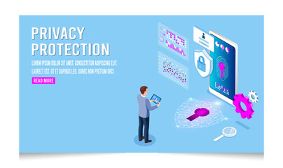 3D isometric Privacy and Data protection concept with hero protect data and confidentiality, Online file server protection system, Secure information transfer. Eps10 vector illustration