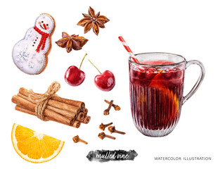 Children's mulled wine drink glass with straw hand drawn watercolor illustration isolated on white background