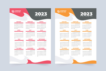 2023 new year calendar template design with abstract shapes. New year office stationery and wall calendar decoration with red and yellow colors. 2023 calendar template vector. Week starts on Sunday.