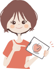 ipad(タブレット)を持って、おすすめのお絵描きアプリを紹介している女の子のイラスト
