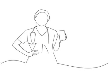 Cartoon of healthcare workers and online medicine doctor, nurse in scrubs showing smartphone screen showing internet appointment app. Line art style