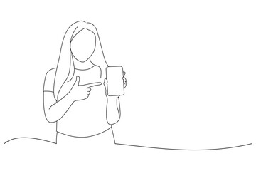 Illustration of happy young woman holding blank screen mobile phone and pointing finger. Outline drawing style art