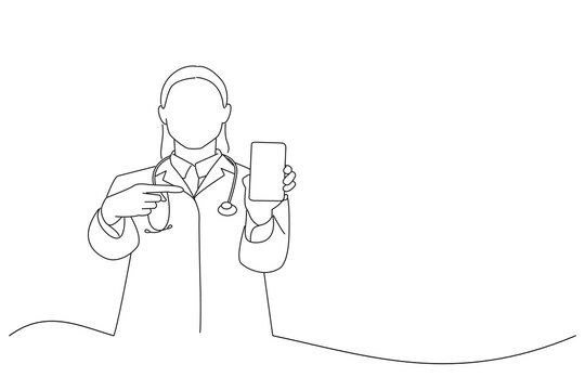 Illustration of happy female doctor or nurse with stethoscope showing smartphone. Oneline art drawing style