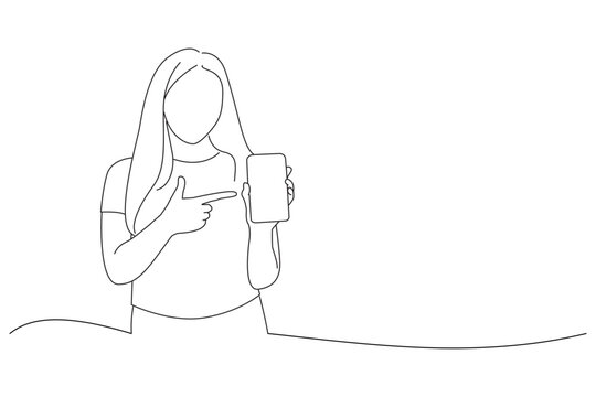 Illustration of happy young woman holding blank screen mobile phone and pointing finger. Outline drawing style art
