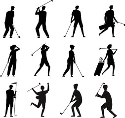 Fun golfing players sport time golfers outfits flat isolated Vector Silhouettes