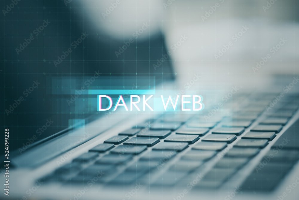 Aufkleber close up of laptop computer with creative digital text hologram on blurry background. dark web, tech