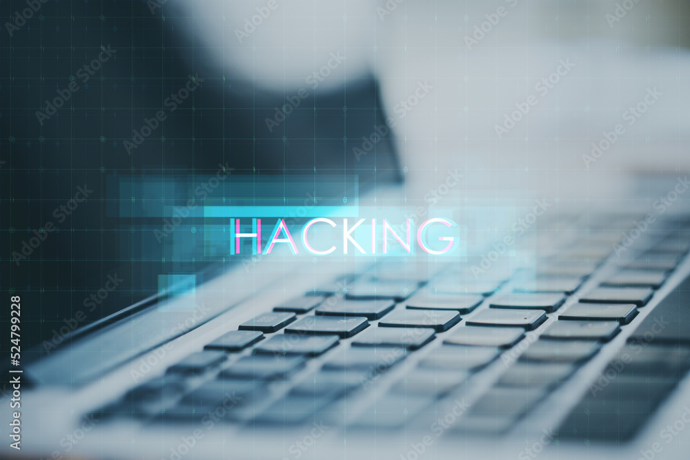 Poster close up of laptop with creative digital text hologram on blurry background. hacking, technology and