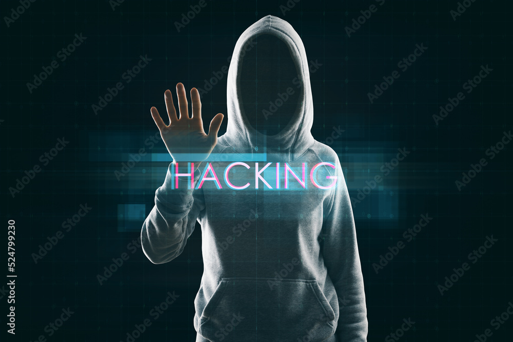 Aufkleber Hacker using abstract creative digital text hologram on dark background. Hacking, technology and ai concept.