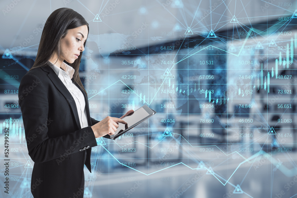 Poster businesswoman using tablet with abstract glowing forex chart, map and arrows on index hologram, blur