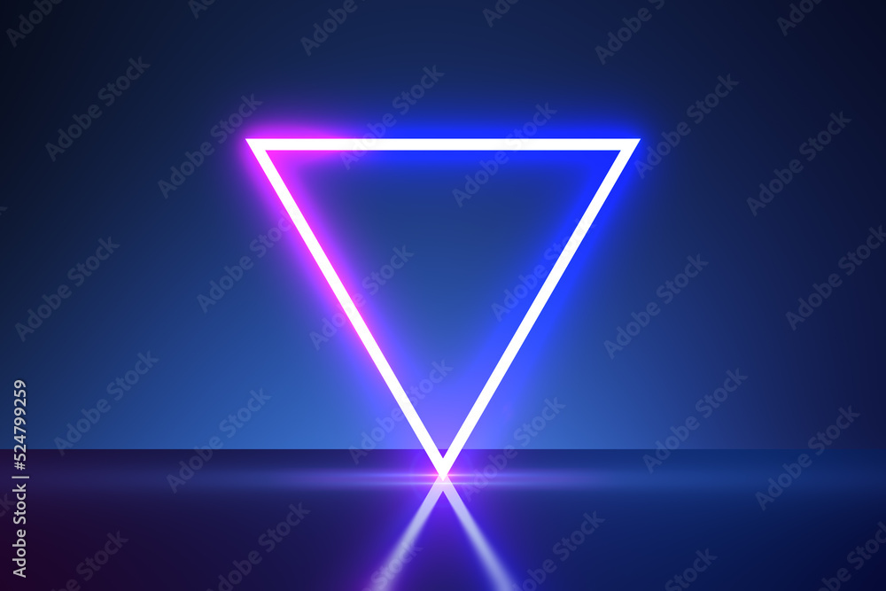 Poster abstract glowing neon triangle banner on blue background with reflections. design, creativity and mo