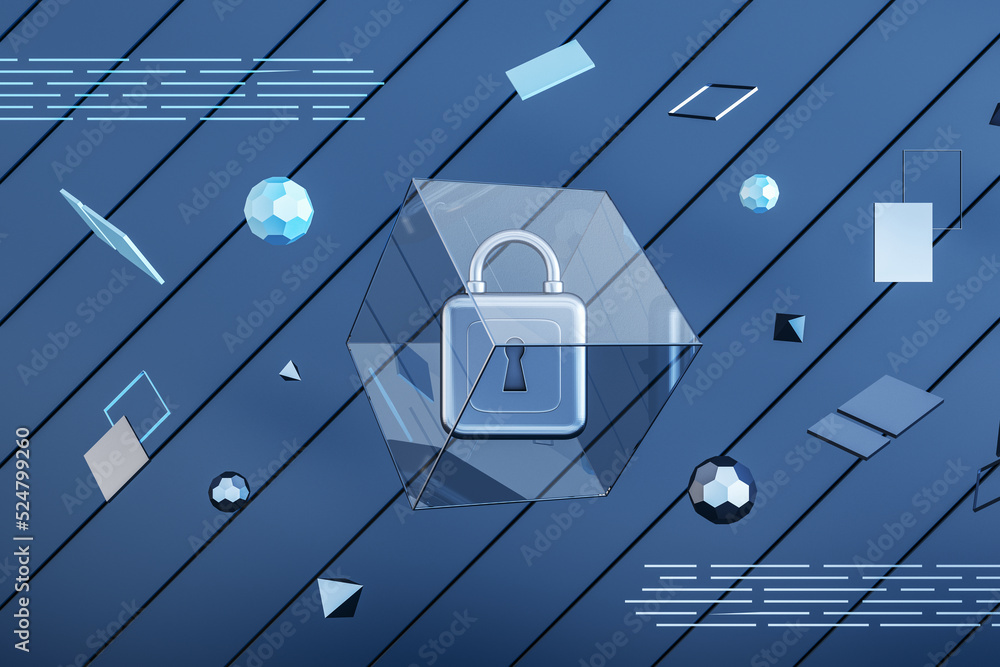 Poster Modern web protection blue background with padlock and other icons. Secure, safety and web browser concept. 3D Renderin.