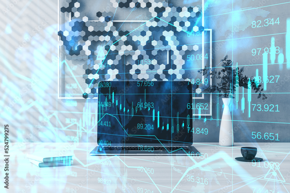 Poster laptop on workplace with coffee cup and abstract glowing forex chart, map and arrows on index hologr