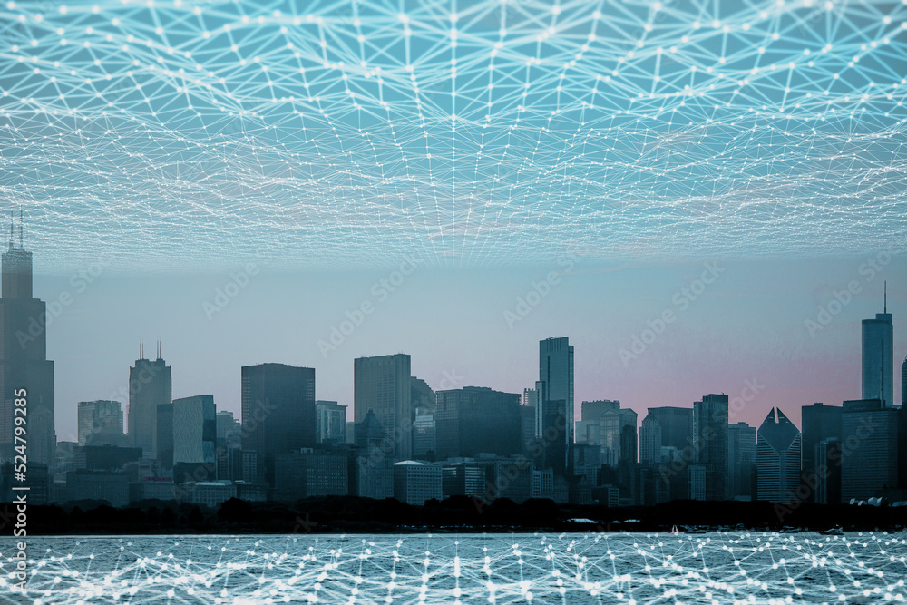 Poster abstract polygonal mesh waterfront city skyline background. smart city and web network concept. doub
