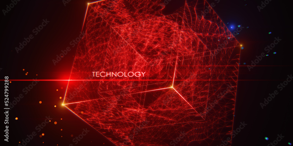 Poster Creative square red polygonal technology background. Geometry, big data and tech concept. 3D Rendering.