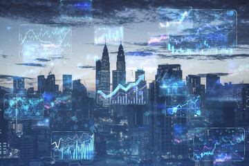Creative business forex chart hologram on blurry city backdrop. Finance, stock, trade and financial growth. Double exposure.