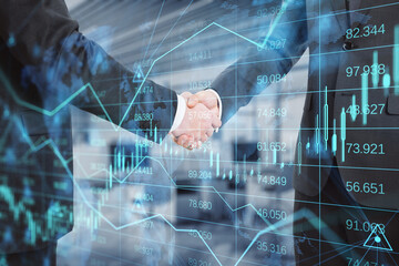 Fototapeta na wymiar businessmen shaking hands on abstract glowing forex chart, map and arrows on index hologram, blurry office interior background. Trade, teamwork, financial growth, analytics and market concept.