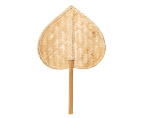 Blow, a wicker fan made of bamboo that is interwoven together to form a fan in the shape of a Bodhi leaf with a handle, each bamboo line has a different color, Thailand, ancient fan.