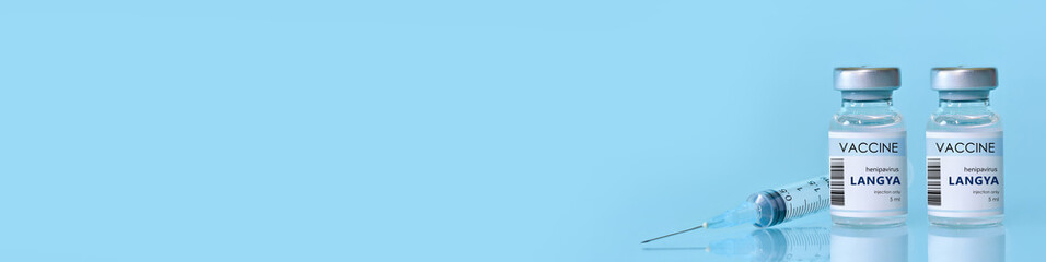 Two vials with vaccine Langya henipavirus (LayV) with a syringe on a blue background.The concept of medicine, healthcare. The virus is transmitted from animals to humans.Banner. Copy space for text.